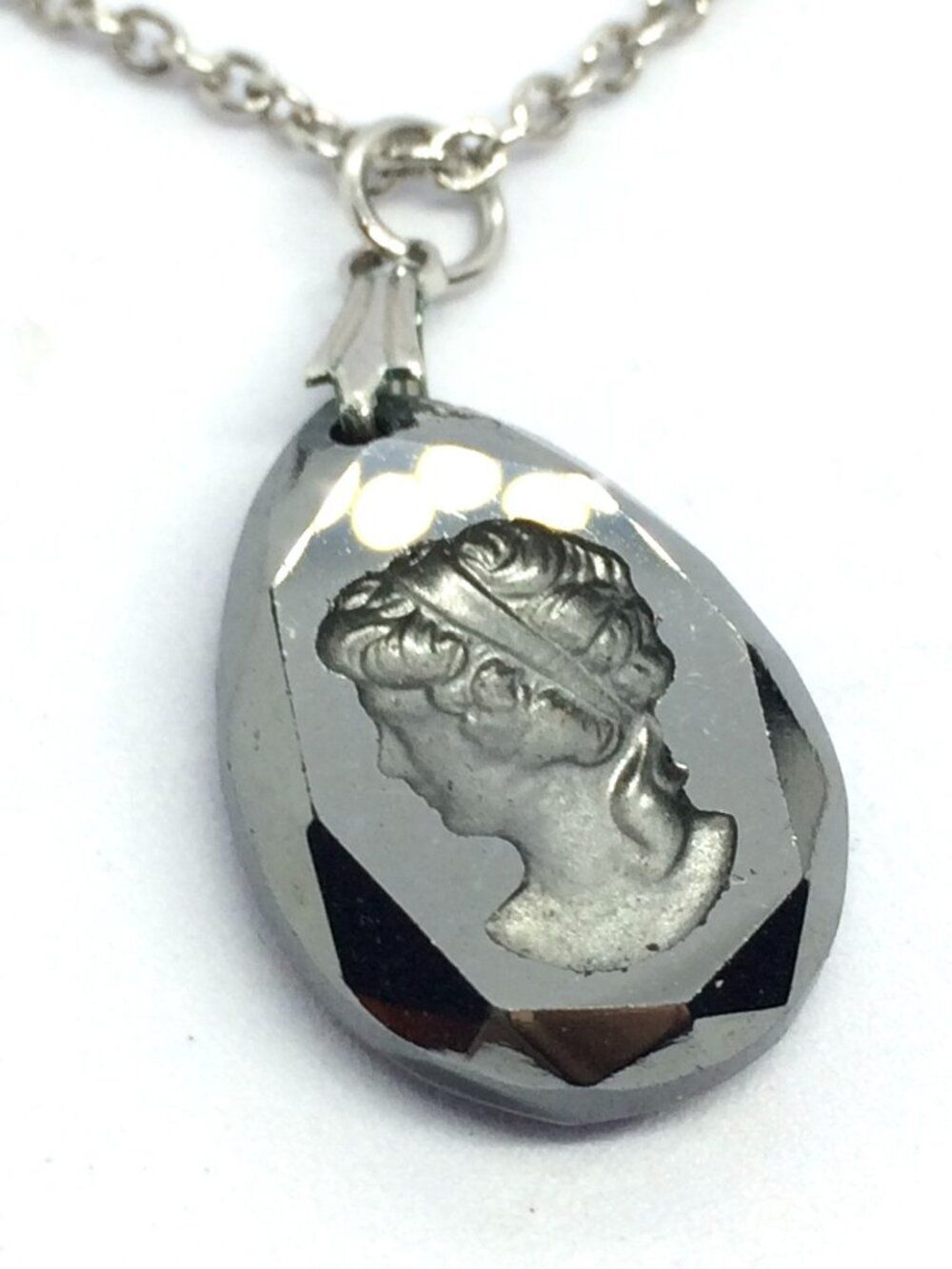 CAMEO NECKLACE Vintage Carved Faceted Pendant Stainless Steel Chain Gothic